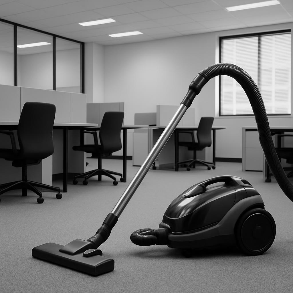 An office with a carpeted floor, displaying a black vacuum cleaner and chair, using the description provided. An office ro...